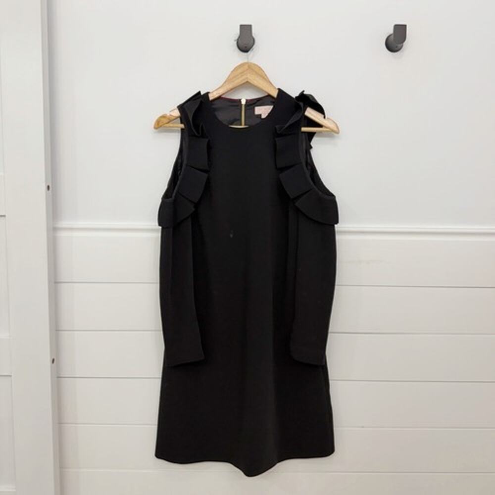 Ted Baker Women’s Black Shift Dress Round Neck Cold Shoulder Ruffle Zip Size 2-4